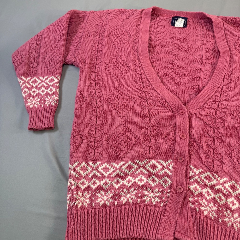 Woolrich Woman Vintage Pink Fair Isle Cotton Cardigan Sweater Made in USA Medium - Picture 11 of 16